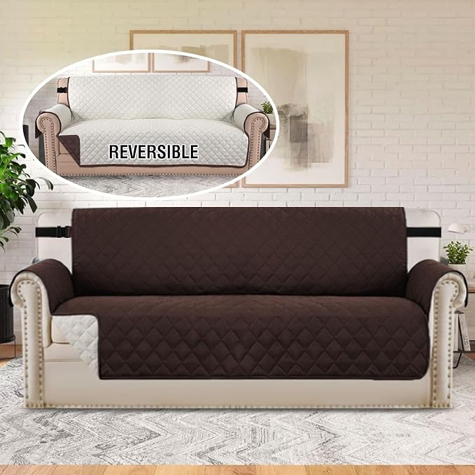 H.VERSAILTEX Sofa Slipcover for Dog/Cat/Pets Sofa Cover Quilted Furniture Protector with Non Slip Elastic Strap Water Resistant Sofa Cover Couch Cover Seat Width to 78"(Oversized Sofa, Brown/Beige)