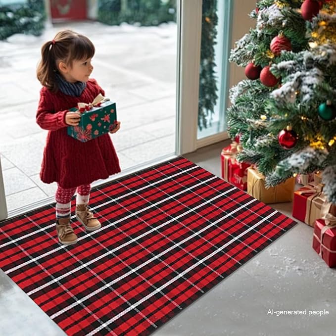 USTIDE Red Black White Plaid Rug 28" x 43" Cotton Front Door Porch Entryway Christmas New Year Holiday Outdoor Decor Mat