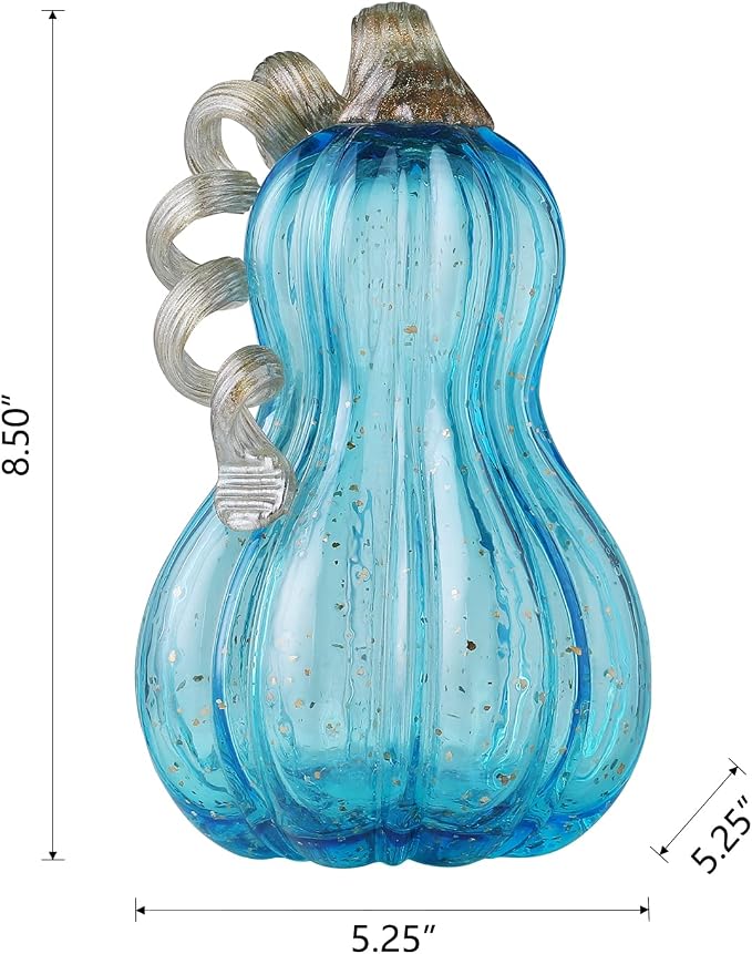 Glitzhome Hand Blown Glass Pumpkin Decor 8.5" Blue - Artisan Fall Table Centerpiece for Thanksgiving Harvest Home Decor Halloween Displays