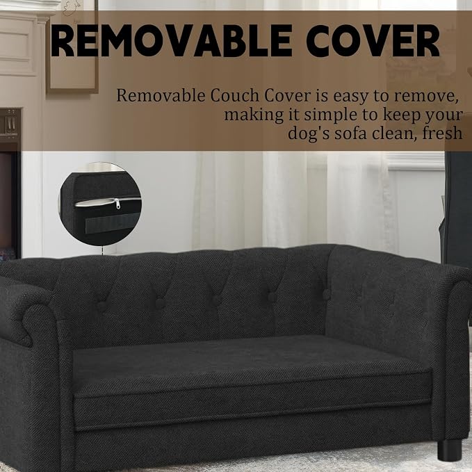 39" Dog Sofa Couch Bed for Small, Medium, Large Dogs,Memory Foam Pet Sofa with Removable Cover, Comfortable Pet Couch with Backrest and Armrests, Easy to Clean and Maintain（Black）