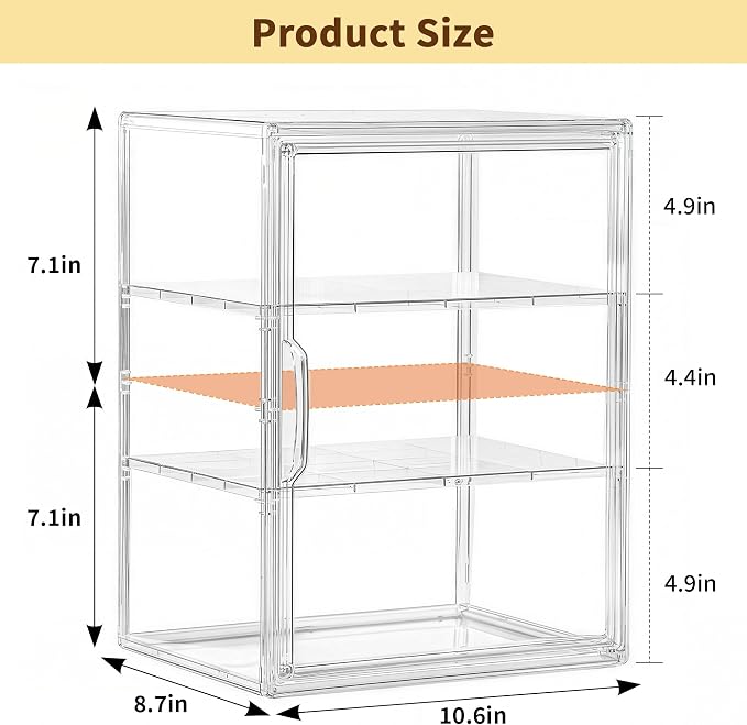 Attelite Acrylic Display Case for Collectibles Adjustable 3-Tiers，2Pack | Clear Display for Figures,3 Tier Clear Storage Bin, Stackable Acrylic Box,Easy Assembly,Magnetic Door,Dustproof