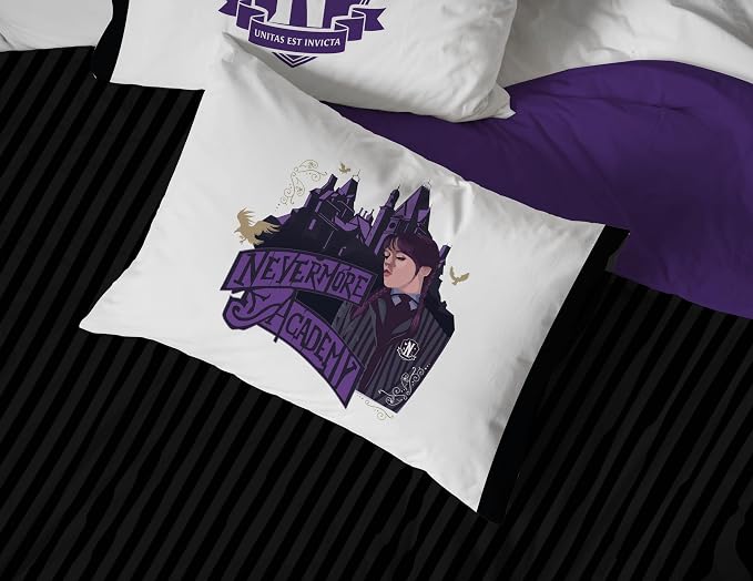 Wednesday Addams Twin Comforter Set 5 Piece Gothic Bedding for Girls, Black | Bed in a Bag, Comforter Sheets Sham Pillowcase, Official Product, Soft Microfiber, Machine Washable, Girls Gift