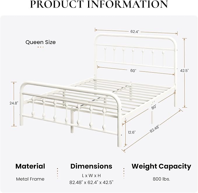 SHA CERLIN Queen Metal Bed Frame with Victorian Iron-Art Headboard, Cream | Victorian Iron-Art Headboard and Footboard, Easy Assembly, Under Bed Storage, No Box Spring Required