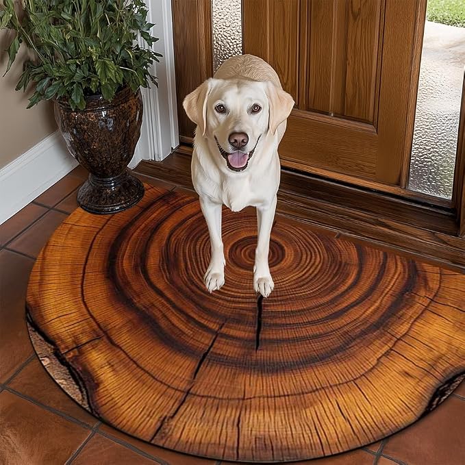 Wood Grain Brown Half Round Door Mat Non Slip Washable Semi Circle Area Rug,Absorbent Soft Doormat for Front Door Entryway,Heavy Duty Welcome Mat with Rubber Backing,Floor Mat for Garage Pet 17"x30"