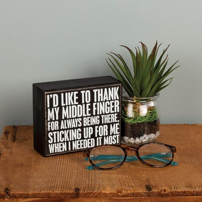 Primitives by Kathy 104041 Classic Black and White Box Sign, 5 x 4-Inches, Middle Finger