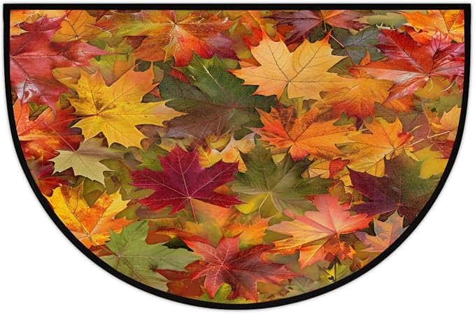 cfpolar Half Round Door Mat Fall Maple Leaves Yellow Non-Slip Semi Circle Area Rug Washable Half Moon Hearth Rugs for Indoor Outdoor Bathroom Kitchen Patio Runner Mat Laundry Room Home Decoration