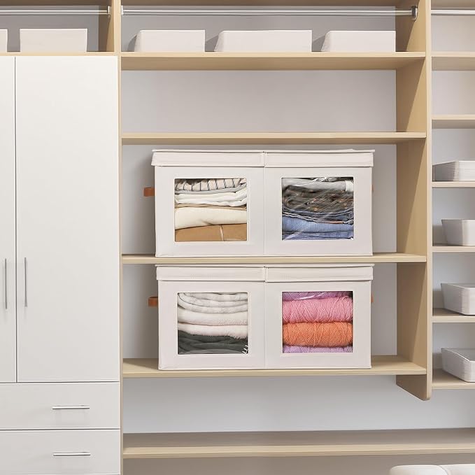 Univivi Large Storage Boxes with Lids, Collapsible Foldable Storage Bins for Clothes, [1-Pack] Fabric Storage Cubes with Handles, Closet Organizers for Home, Bedroom (Beige, 24” x 17” x 12") | 24 x 17 x 12 In Foldable Storage Boxes with Handles, Clear ...