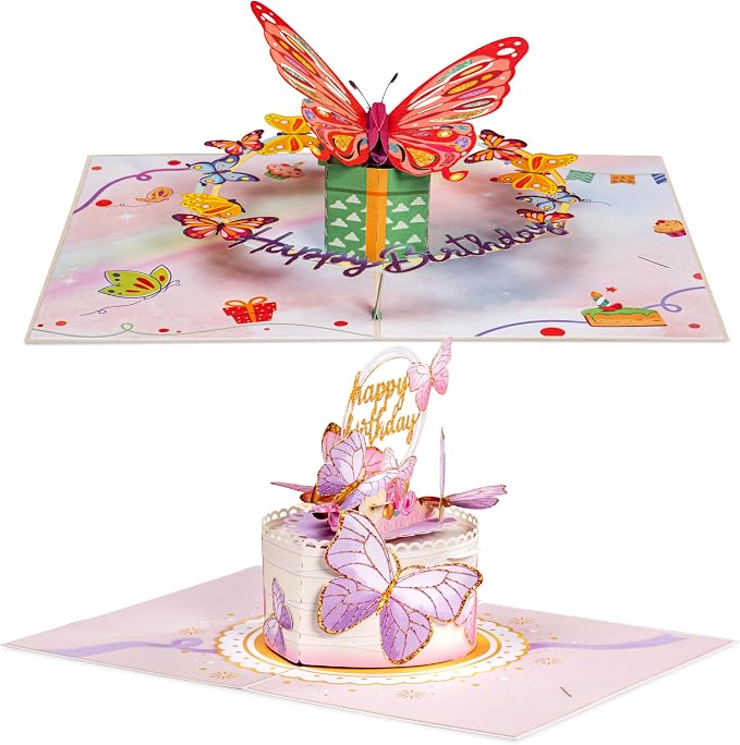 Paper Love Birthday Pop Up Cards 2 Pack - Includes 1 Birthday Butterfly and 1 Butterfly Birthday Cake, For Adults or Kids -5" x 7" Cover - Includes Envelope and Note Tag