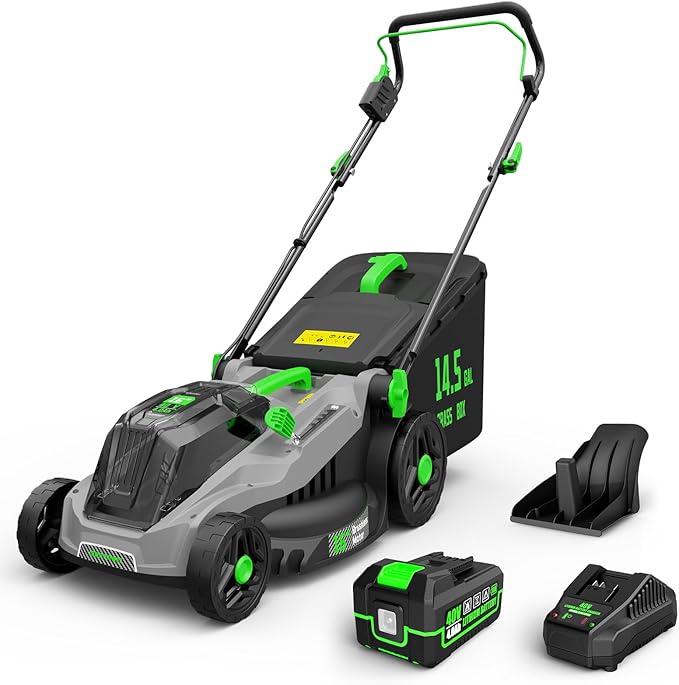 TIECTOWN 40V 16-Inch Brushless Cordless Lawn Mower with 4.0Ah Battery & Charger, 2-in-1 Electric Push Mower, 5-Position Height Adjustment, Lightweight, Compact Storage, for Small Yards - Green | Brushless Motor, 5-Position Height Adjustment, Battery Po...