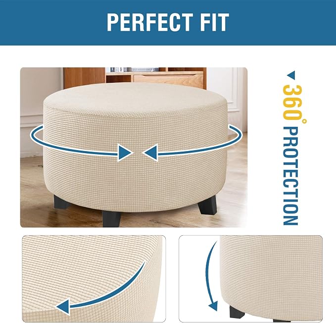 H.VERSAILTEX Ottoman Cover Stretch Ottoman Slipcover Round Ottoman Storage Cover Folding Stool Covers Furniture Protector Cover for Footrest Ottoman Fit Dia 20" - 23", Natural