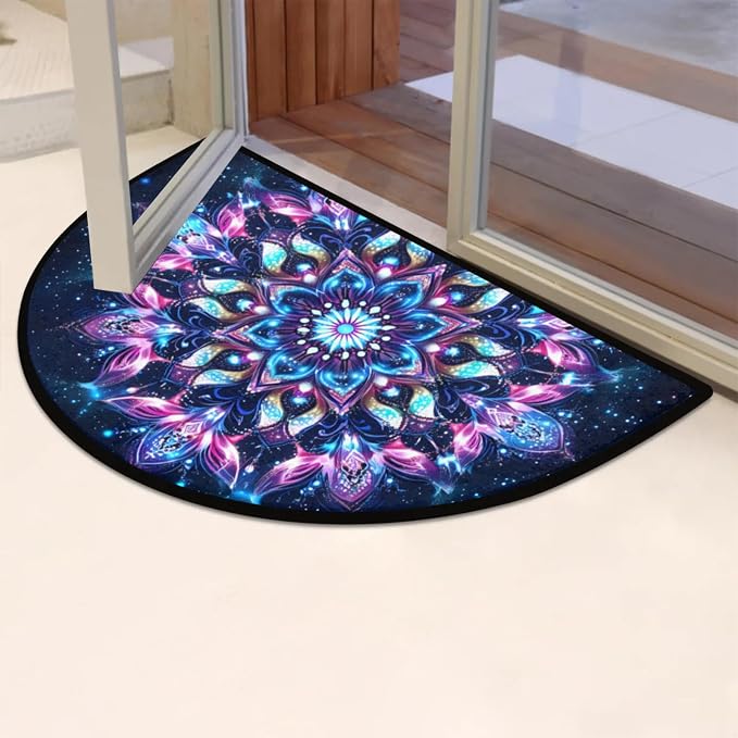 Half Round Doormat Flowers Ethnic Mandala Purple Non Slip Half Circle Area Rugs Indoor Washable Half Moon Rug Semi Circle Bathroom Runner Mat Entrance Floor Carpet for Kithen Bedroom Fireplace Decor