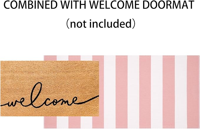 Front Door Mat 24"x51",Pink and White Striped Layered Doormat Cotton Woven Washable Indoor Outdoor Porch Rug Farmhouse Small Area Rug for Porch/Entryway/Home Entrance Decor