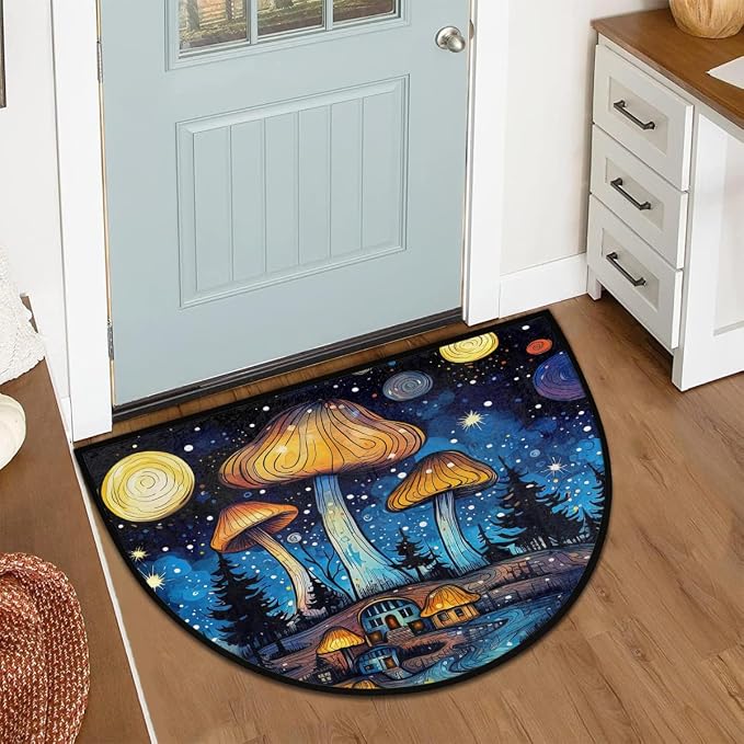 Mushroom Sky Half Round Door Mat Non-Slip Semi Circle Rug Half Moon Doormat | Mushroom Starry Sky Soft Washable Welcome Entrance Mat for Outdoor Indoor Floor Bedroom Bathroom Home Kitchen Festival Decor