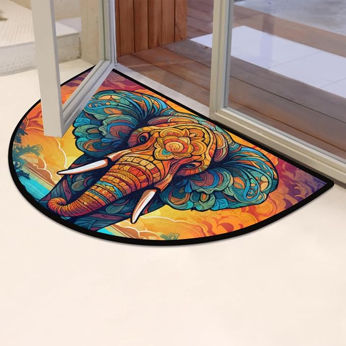 Elephant Drawn Half Round Door Mat, Non-Slip Entrance Welcome Mat for Indoor Semi Circle Bathroom Floor Rugs Outdoor Mats House Entry Way Heavy Duty Doormat for Kitchen Living Room 36x24 Inch