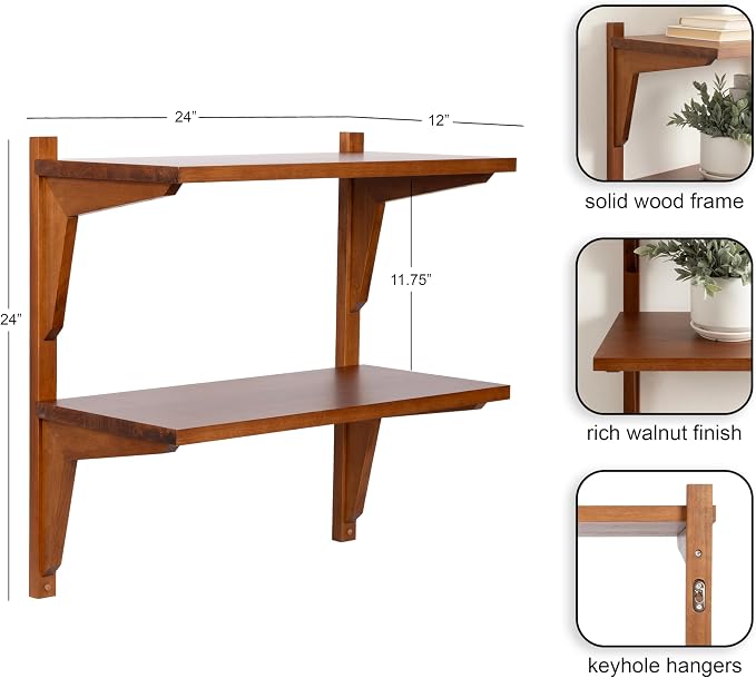 Kate and Laurel Meridien Modern Two-Tier Wooden Shelves, 24 x 12 x 24, Walnut Brown, Stunning Tiered Wall Shelf for Storage and Display as Cute Nursery Shelving or Bedroom Storage