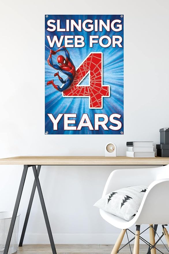 Trends International Marvel Spider-Man - Happy 4th Birthday Wall Poster, 22.37" x 34.00", Premium Poster & Push Pin Bundle