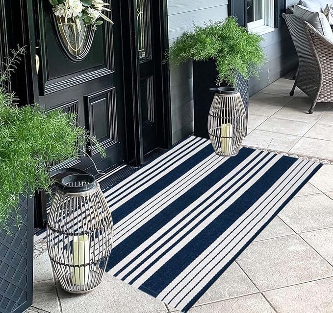 BUAGETUP Blue and White Layered Doormat,27.5x43.3inch Striped Outdoor Rug Hand Woven Cotton Indoor Outdoor Rug for Porch Layered