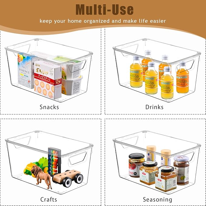 Freebat 12 Pack clear storage bins with lids, Middle pantry organizer bins | stackable Plastic Storage Containers, pantry Organization for Office, Bedroom, cabinet, Fridge,Kitchen Organization