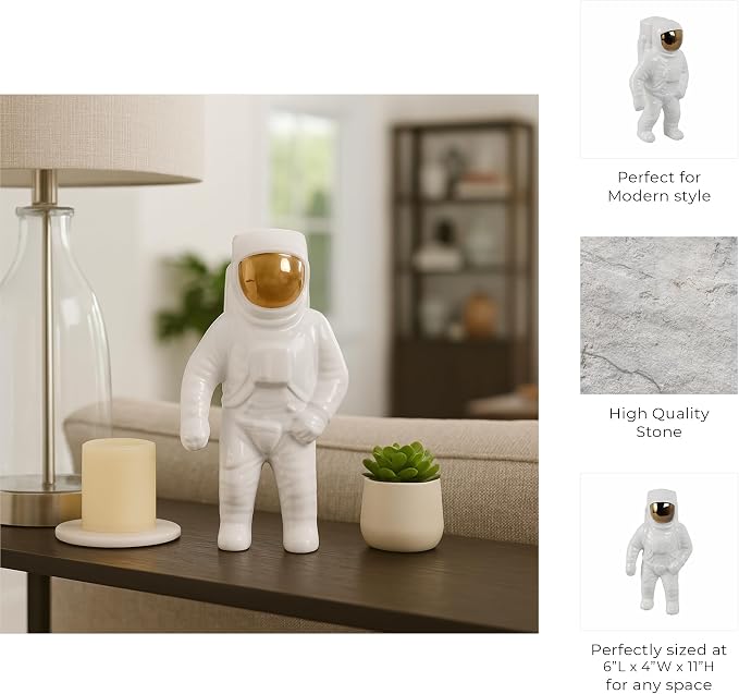 Ceramic Astronaut Statue Figurine for Home Decor - Decorative Sculpture for Bathroom, Office, and Living Room - Modern Ornaments for Shelf, Desk, and Coffee Table Accent - 11", White