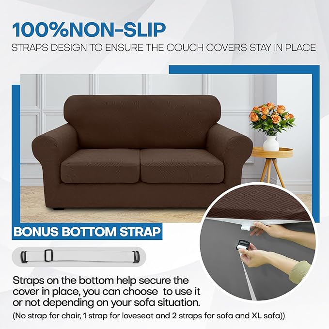 XINEAGE 2026 New 3 Pieces Couch Covers for 2 Extra Large Cushion Sofa Super Stretch Sofa Cover for 2 Large Seat Cushion Universal Loveseat Slip Cover for Living Room (Coffee), 71"-91"(2 Cushions)