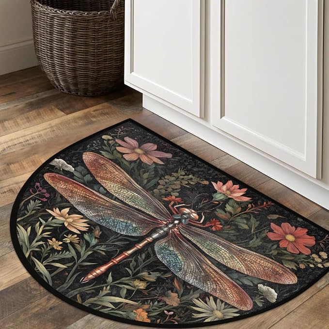 Dragonfly Half Round Door Mat Outdoor Doormat Bedroom Entrance Rug A18 | Dragonfly Flower Floral Semi Moon Door Mat Non-Slip Absorbent Kitchen Rug Indoor Welcome Bath Mat 36" X 24"