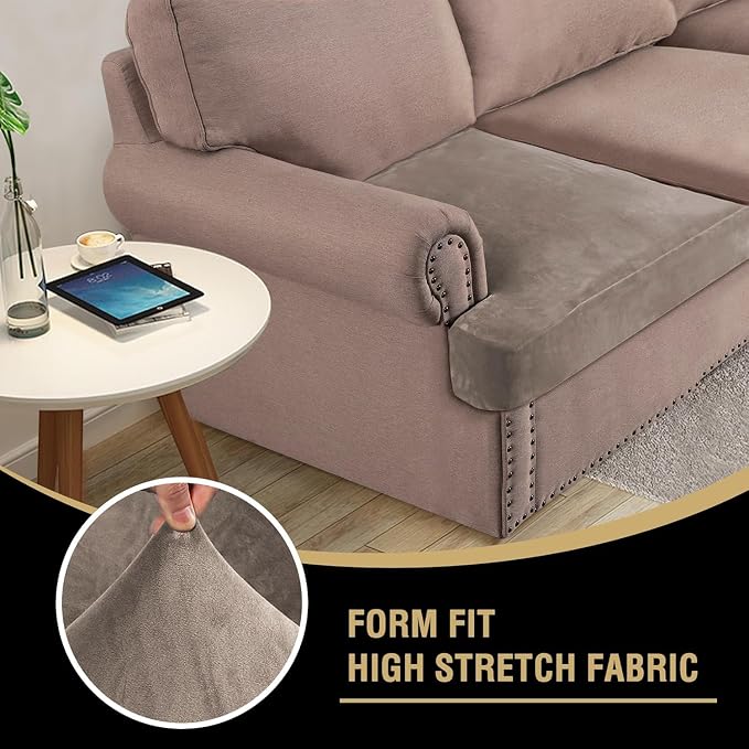 H.VERSAILTEX Stretch Velvet 2 Piece T Cushion Sofa Slipcovers - Individually Fitting Cushion Covers for 2 Cushion Couch - Stay in Place (Taupe)
