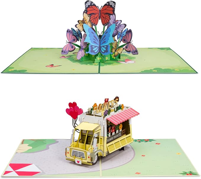 Paper Love Pop Up Cards 2 Pack - Includes 1 Butterflies and 1 Flower Truck, For All Occasions, Mother Day, Birthday, Just Because- Includes Envelope and Note Tag