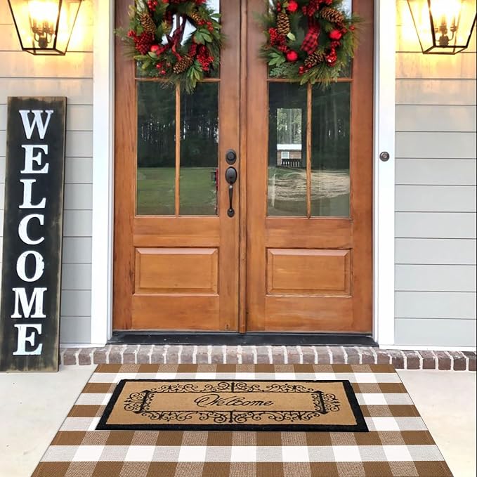 Bottalive Buffalo Plaid Outdoor Rugs, 3'x5' Brown and White Checkered Indoor/Outdoor Area Rug, Layering Rug for Hello/Welcome Door Mat, Washable Cotton Woven Farmhouse Mat for Fall Front Porch Décor