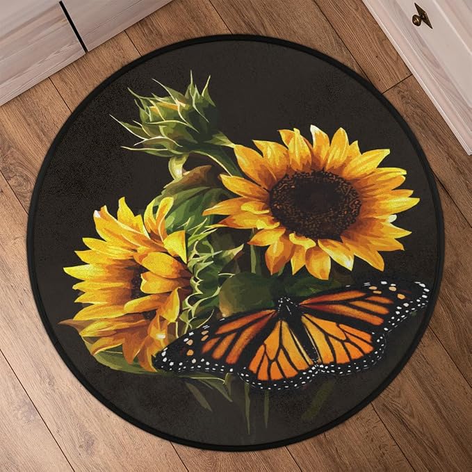 Butterfly Sunflower Round Area Rug, Sunflower Pattern Non-Slip Circle Rug for Bedroom Living Room Outdoor Study Playing Floor Mat Carpet, 5.2' Diameter