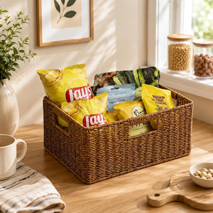 Waterproof Wicker Storage Basket with Handles, Extra Large, Brown | 16.5 x 13 x 7.5 Inch Basket, Shelf Organizer, Rectangular Woven Bin, Towel and Blanket Storage, Home Decor