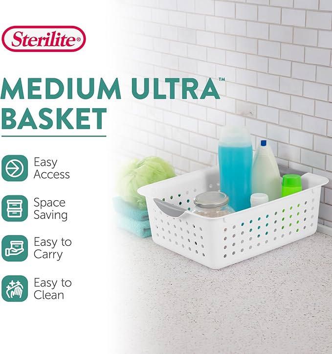 Sterilite 12-Pack Medium Ultra Basket, Open Top Plastic Storage Organizer, White - Classic Baskets for Organizing Countertops, Pantry Shelves, Kitchen Cabinets, Laundry Rooms or Home Offices | Classic Storage Organizer Baskets for Countertops, Pantry S...