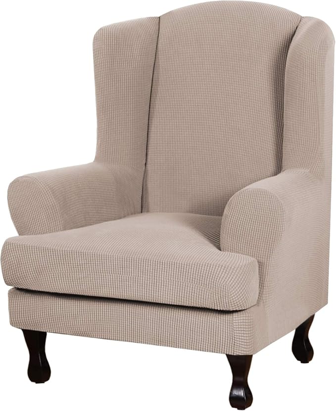 H.VERSAILTEX 2 Piece Stretch Jacquard Wingback Chair Covers Slipcovers Wing Chair Covers (Base Cover Plus Seat Cushion Cover) Furniture Covers for Wingback Chairs, Form Fitted Thick Soft, Sand