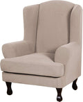 H.VERSAILTEX 2 Piece Stretch Jacquard Wingback Chair Covers Slipcovers Wing Chair Covers (Base Cover Plus Seat Cushion Cover) Furniture Covers for Wingback Chairs, Form Fitted Thick Soft, Sand