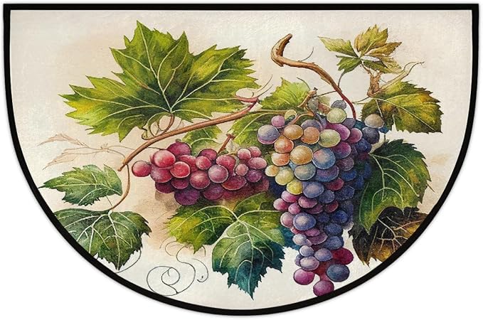 Grape Half Round Doormat Non-Slip Semi Circle Rug Half Moon Mat | Retro Fruit Leaf Washable Soft Absorbent Indoor Outdoor Entrance Kitchen Bathroom Sink Patio Welcome Fireplace Floor Rug