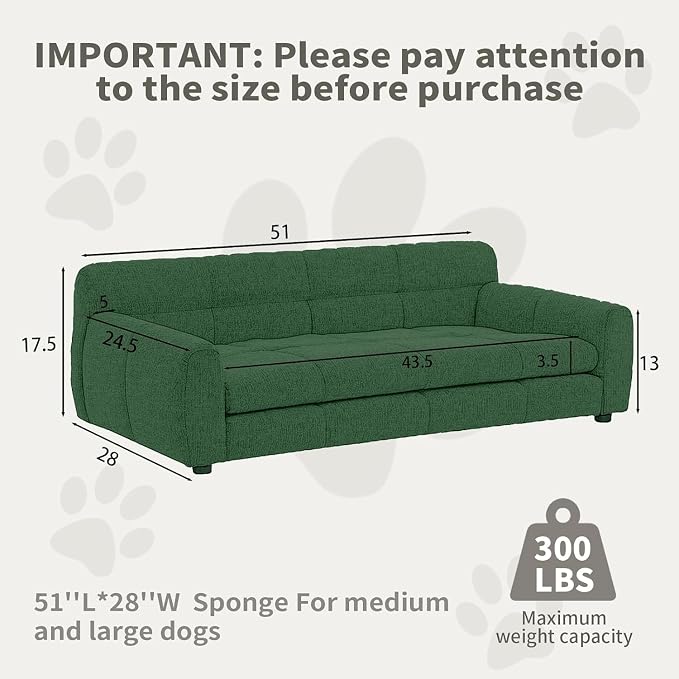 Elevated Dog Couch Bed, 51" Sofa for Dogs with Backrest and Armrest, Durable Pet Sofa with Soft Foam Cushion, Dog Couch Bed with Legs for Medium and Large Dogs, Emerald Green