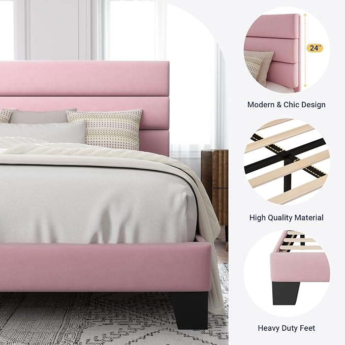 Allewie Full Size Platform Bed Frame with Velvet Upholstered Headboard Pink | Wooden Slats Support, Fully Upholstered Mattress Foundation, No Box Spring Needed, Easy Assembly, Noise-Free, Pink