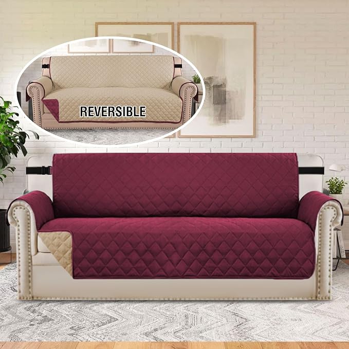 H.VERSAILTEX Sofa Slipcover for Dogs/Cats/Pets Sofa Cover Quilted Furniture Protector with Non Slip Elastic Strap Water Resistant Sofa Covers Couch Covers Seat Width to 66" (Sofa, Red/Tan)