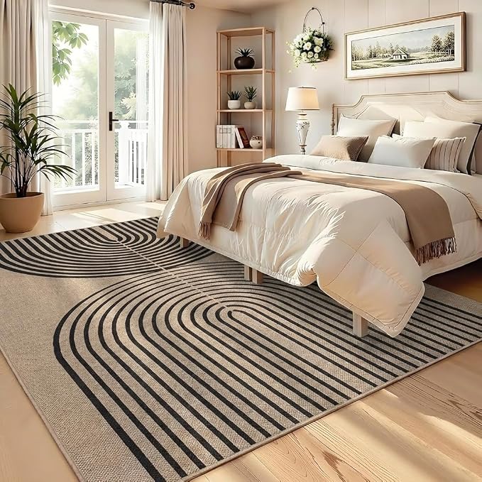 COZYLOOM 5x7 Waterproof Outdoor Patio Rug, Arch Striped Easy Jute Rugs for Living Room, Non Slip Non Shedding Modern Rainbow Area Rug for Entryway, Bedroom, Dining Room, Backyard, Porch, Nature＆Black