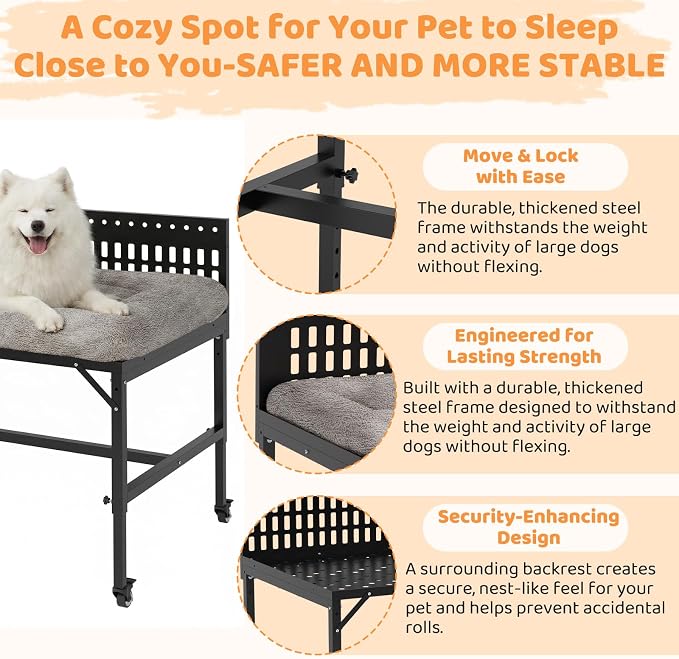 Beside Dog Bed,2 Panels Adjustable Height Dog Bunk Beds,47.2”x30.7” Metal Frame & Cushion, Converts to Bunk Bed or Bed Extension Attachment for Human Bed, for Large Breeds