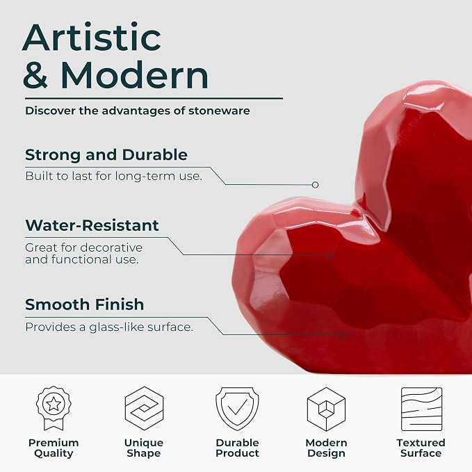 Decorative Ceramic Heart Sculpture for Home Decor - Ornaments for Bathroom, Office, and Living Room Decor - Modern Figurine Accent for Bedroom, Shelf Display, and Coffee Table - 8", Red