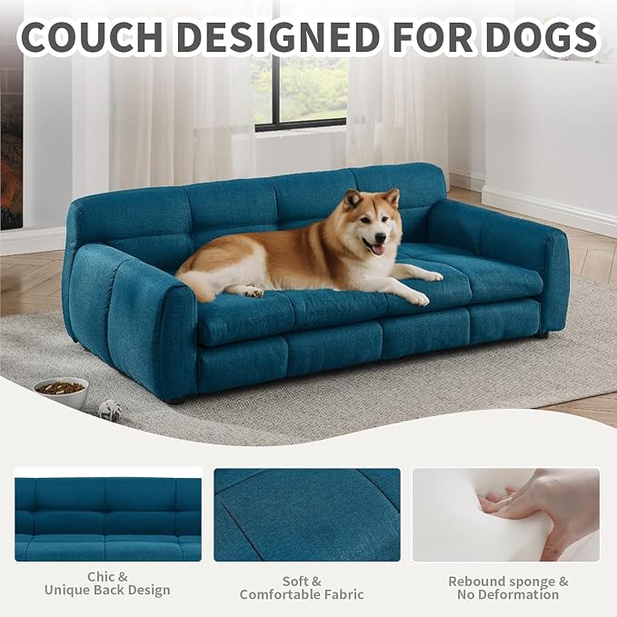 Dog Couch Bed, 51" Sofa for Dogs with Backrest and Armrest, Durable Pet Sofa with Soft Foam Cushion, Elevated Dog Couch Bed with Legs for Medium and Large Dogs, Blue