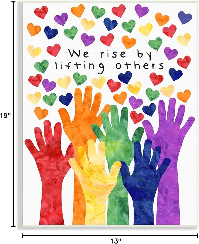 Rainbow Hand Hearts Affirmation, 13 x 19 Inch Mounted Print on Wall Plaque | Stupell Industries · By Erica Billups · Ready to hang · Kids room · classroom · playroom friendly · Made in USA