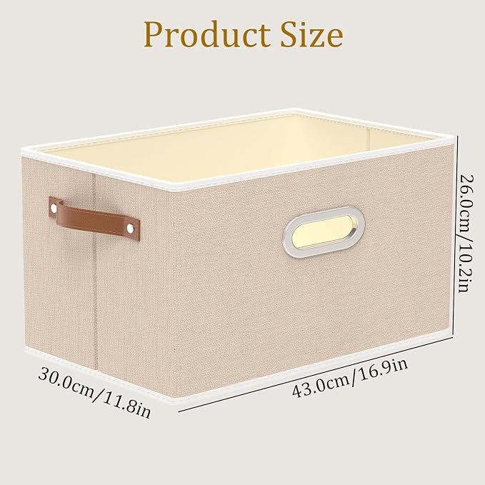 Yawinhe Foldable Storage Baskets for Shelves,16.9x11.8x10.2in,Beige,6-Pack | Collapsible Storage Bins for Towels, Container with Leather Handle for Organization, Fabric Rectangle Boxes for Home