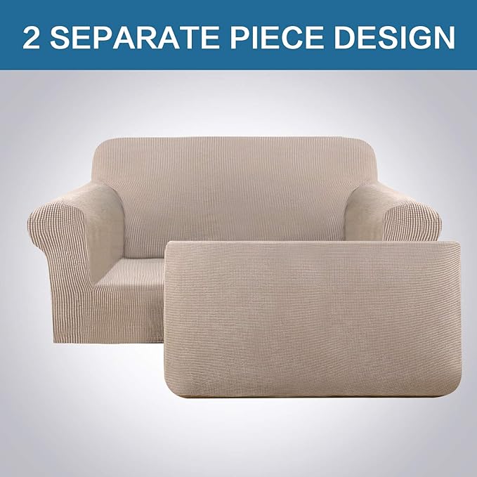 H.VERSAILTEX 2 Pieces Loveseat Covers Fit Lovesat Width Up to 70 Inch Furniture Cover/Protector, Jacquard Spandex Stretch Loveseat Slipcovers Suit for T Cushion/Box Cushion (Loveseat, Sand)