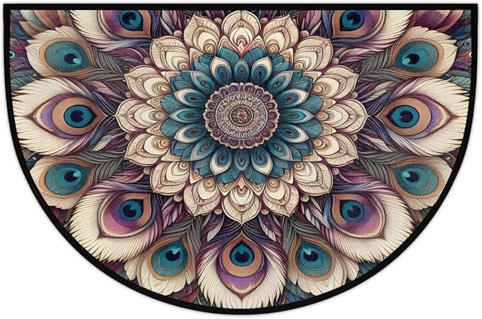 Ethnic Half Round Doormat Semi Circle Rug Half Moon Rug Entryway Mat | Mandala Peacock Washable Non Slip Outdoor Floor Rug Kitchen Mat for Indoor Outdoor Bathroom Fireplace Bath Decor