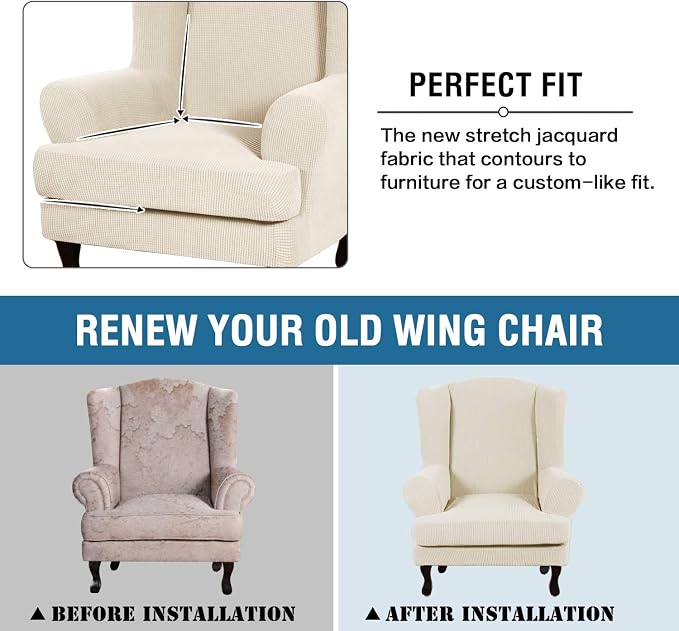 H.VERSAILTEX 2 Piece Stretch Jacquard Wingback Chair Covers Slipcovers Wing Chair Covers (Base Cover Plus Seat Cushion Cover) Furniture Covers Form Fitted Thick Soft, Biscotti Beige