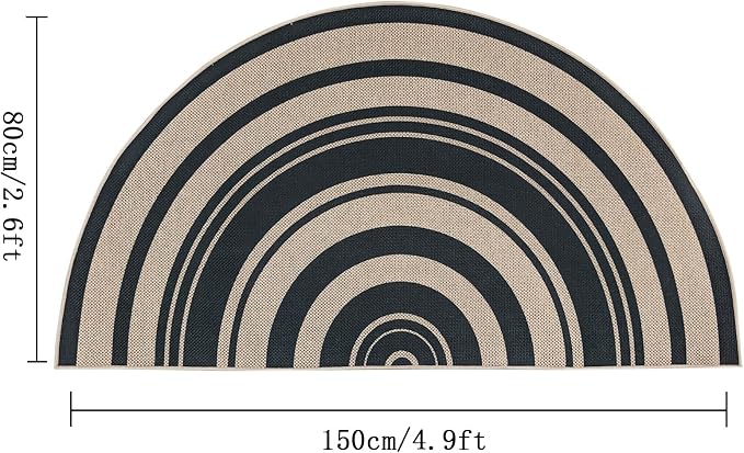 Easy Jute Rug 2.6x5Ft Half Round Rainbow Carpet for Farmhouse Bedroom Entrance, Non-Slip Half Circle Thin Neutral Floor Mat for Living Room Patio Kids Room Kitchen, Indoor Outdoor, Black 1