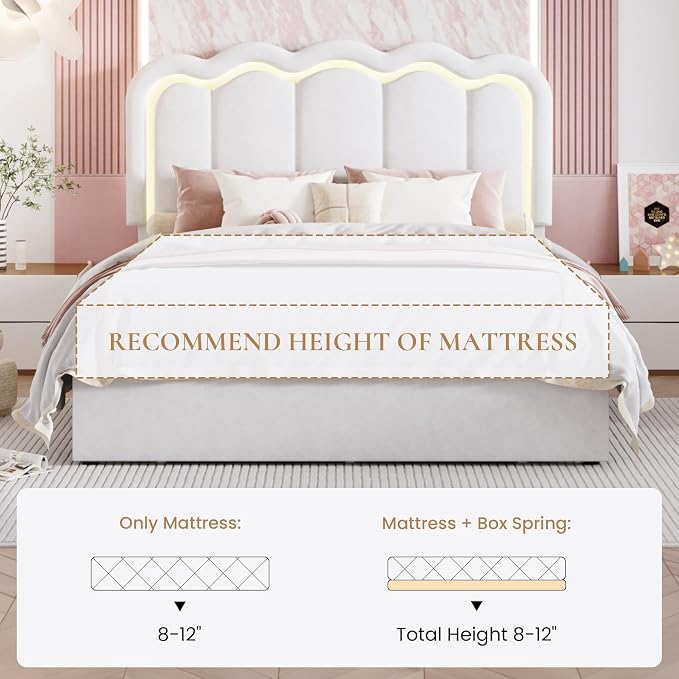 SHA CERLIN Full Size Bed Frame with LED Lights and Storage Drawer, White | Upholstered Velvet Platform Bed with Adjuatable Wavy Headboard, Noise-Free, Easy Assembly,No Box Spring Needed