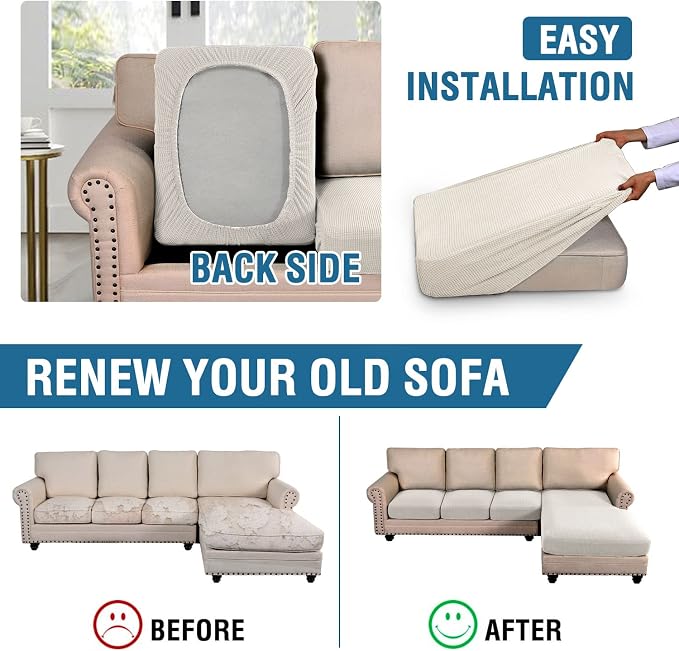 H.VERSAILTEX Sectional Couch Covers 4 Pieces Sofa Seat Cushion Covers L Shape Separate Cushion Couch Chaise Cover for Both Left/Right Sectional Couch (Seat Only: 1 Chaise + 3 Sofa, Ivory)