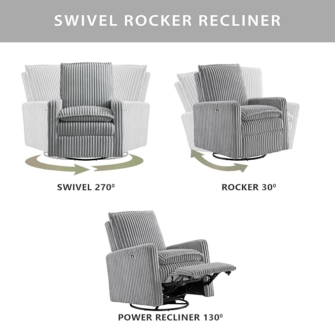 Oxford Baby Uptown Power Upholstered Glider Recliner Rocking Chair 270° Swivel for Nursery and Living Room – Corduroy Ash Gray, Green Guard Gold Certified